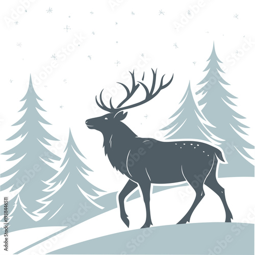 Majestic reindeer standing in a serene snowy forest landscape with tall pine trees Vector