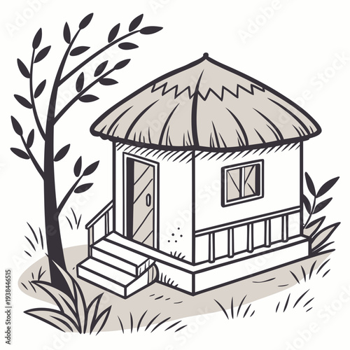 A charming thatched-roof hut nestled in a serene, grassy landscape with a tree nearby. Vector