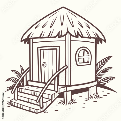 A charming small house with a thatched roof and a welcoming porch Vector