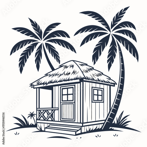 A quaint beach house surrounded by palm trees and tropical plants Vector