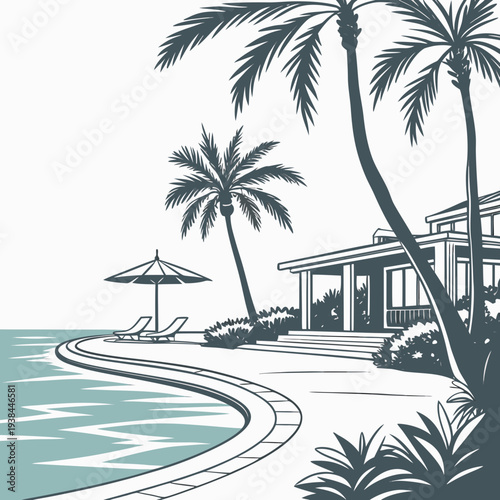 A serene beach scene with palm trees and a small hut by the water's edge. Vector