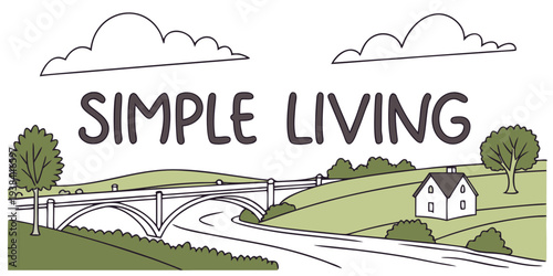 A serene countryside scene with a small house and a river flowing nearby Vector