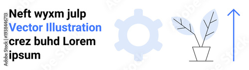 Innovation, progress, sustainability, business strategy, environmental growth, technology upgrade. A gear with a potted plant and upward arrow. Innovation and progress-based visualization