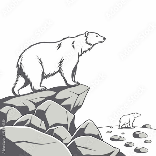 Polar bear standing on rocks with a vast icy landscape in the background Vector
