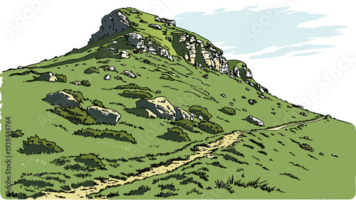 A picturesque green mountain with a winding path leading to the summit Vector