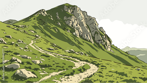 A serene mountain landscape with lush green vegetation and winding trails Vector