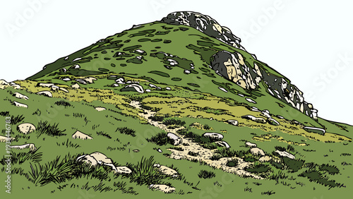 A picturesque mountain landscape with lush green vegetation and rocky terrain Vector