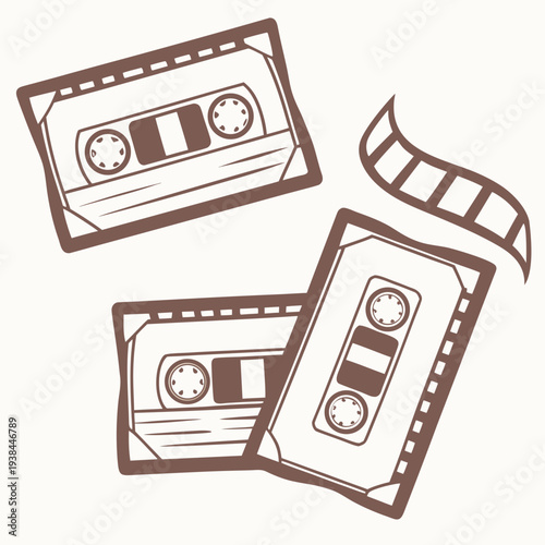 A collection of vintage cassette tapes scattered on a white background. Vector