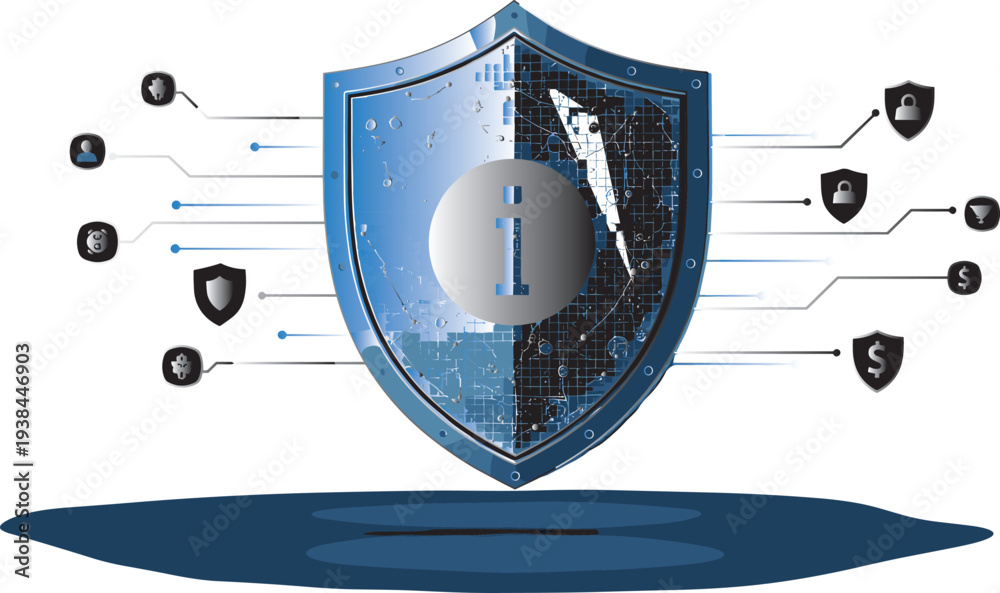 Obraz premium Cyber Security Protection Shield with Digital Data Encryption, Network Privacy, Information Safety and Technology Defense Concept Illustration