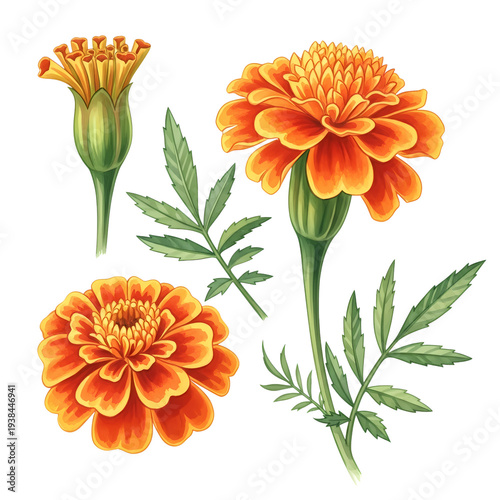 Vibrant orange and yellow marigold flowers with detailed green pinnate leaves and flower buds