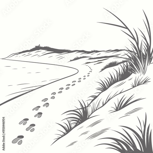A serene landscape with a winding path leading to a distant horizon. Vector