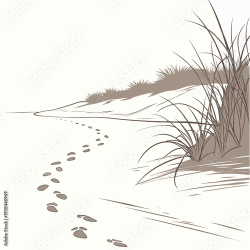 A serene beach scene with footprints leading towards the water. Vector