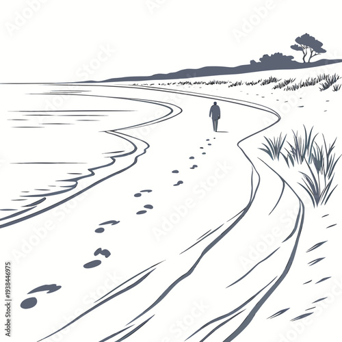 A winding road stretches through a serene, sunlit landscape with a distant house. Vector