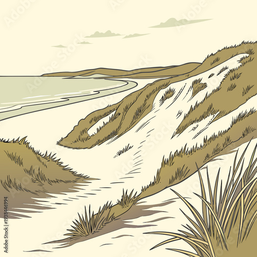A serene landscape of rolling dunes and a tranquil sea in the distance Vector