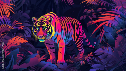 Vibrant tiger in lush jungle setting with vivid colors and botanical elements