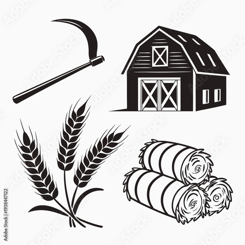Agricultural scene featuring a barn, wheat, and a sickle. Vector
