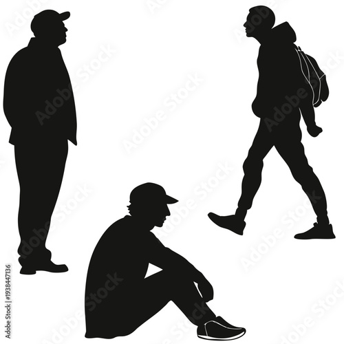 Three silhouettes of people engaged in various activities against a white background Vector