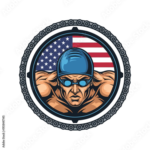 Illustration of a determined male swimmer wearing goggles and a cap with the american flag in the background symbolizing national pride and competitive swimming