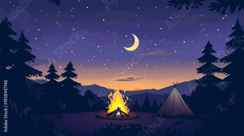Nighttime camping scene with campfire tent trees and starry sky illustration