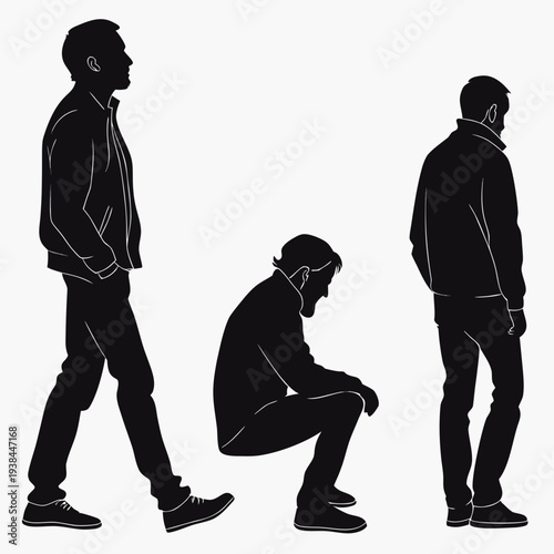 Three people in different postures standing in a row against a white background Vector