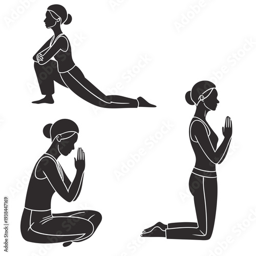 Three individuals performing different yoga poses in a serene environment. Vector