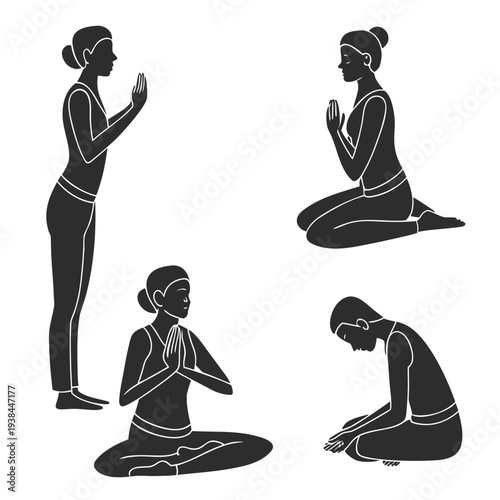Four individuals performing various yoga poses in a serene environment. Vector