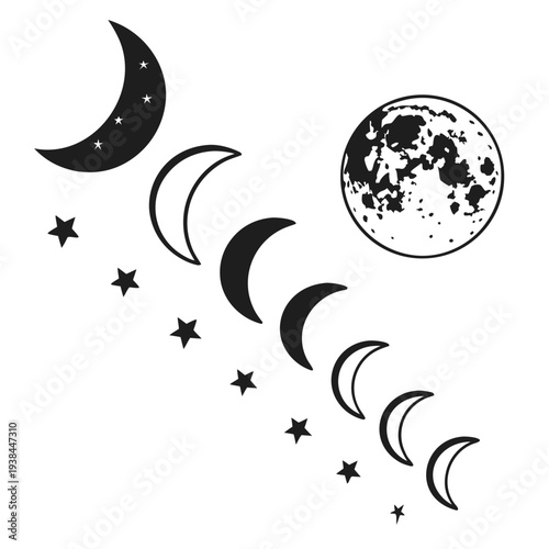 A detailed illustration of the moon's phases transitioning into a full moon Vector