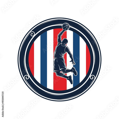 Basketball player jumping to dunk ball in circular emblem with red white blue stripes