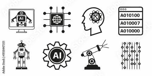 Diverse icons representing technology, science, and human interaction concepts Vector