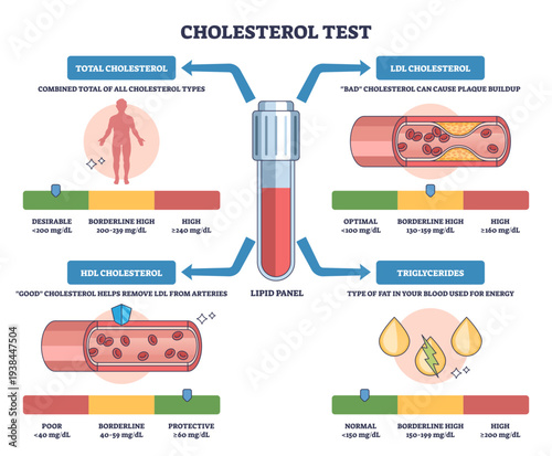 Cholesterol test lipid panel shows LDL, HDL, and triglycerides with blood vial and artery graphics, explaining risk levels and ranges, transparent background.
