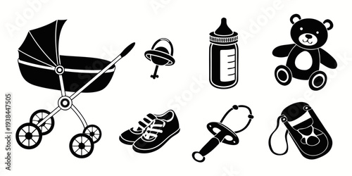 Collection of baby items including toys, bottles, and strollers in a playful black and white design Vector