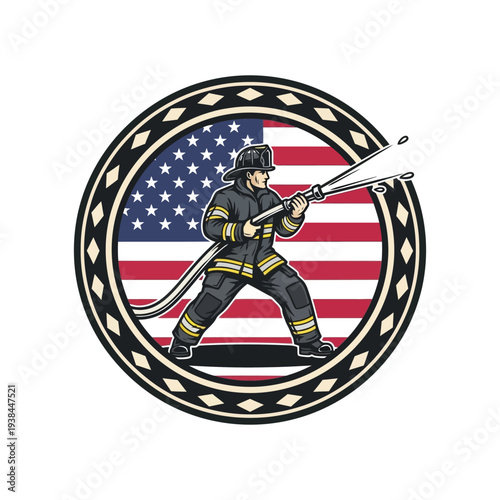 Firefighter in action with american flag background symbolizing bravery and heroism in emergency response
