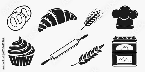 Assorted baking ingredients and tools arranged in a row Vector