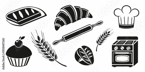 Assorted bakery items and kitchen utensils in black and white illustration Vector