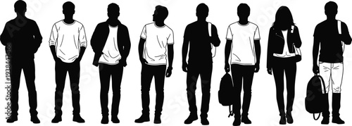 Group of people silhouette vector illustration with casual clothing, backpacks, jackets, everyday lifestyle artwork concept for fashion, community, diversity, social design