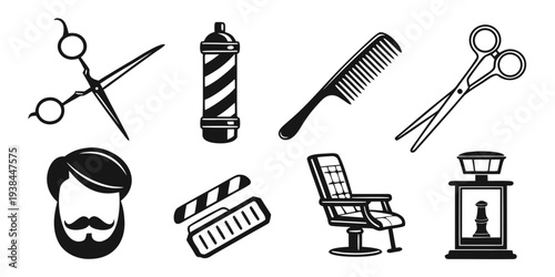 A variety of barbering tools and equipment arranged in a row. Vector