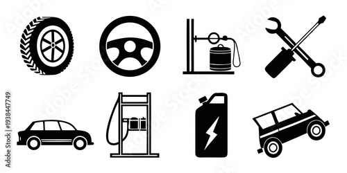 Illustrations of various car-related icons and symbols. Vector