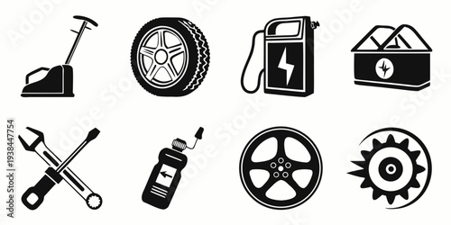 A collection of icons representing various tools and equipment for vehicle maintenance and repair Vector