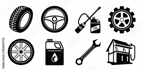 Assorted black and white icons representing various automotive parts and services Vector
