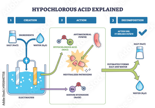 Hypochlorous acid explained, electrolysis makes HOCl from salt and water, neutralizes germs, then breaks down to salt and water, main objects, electrolysis cell, HOCl, bacteria.