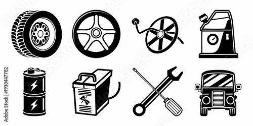 Assorted automotive parts and tools depicted in a black and white illustration Vector