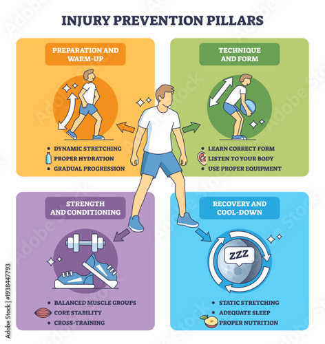 Injury prevention pillars show warm-up, technique, strength, and recovery, runner figure, dumbbell, and moon icon emphasize safe training, transparent background.