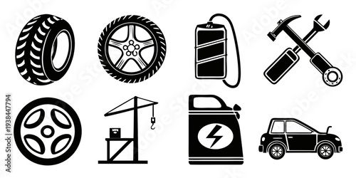 Illustrations of various tools and equipment used in automotive repair and maintenance Vector