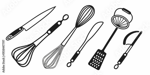 Assorted kitchen utensils displayed on a white background Vector