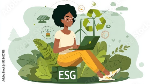 A woman works on a laptop surrounded by eco-friendly symbols and plants, promoting ESG and sustainable energy solutions.