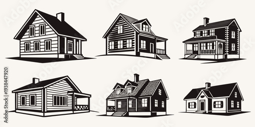 A collection of various house designs showcasing different architectural styles and structures. Vector