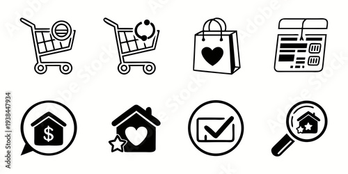 Eight icons representing various aspects of online shopping and security. Vector
