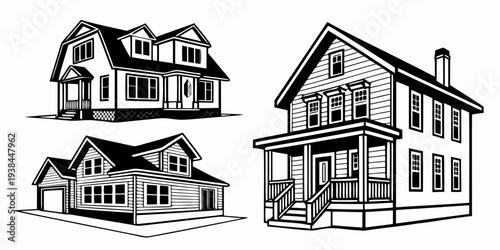 Various architectural styles of houses showcased in a detailed illustration. Vector