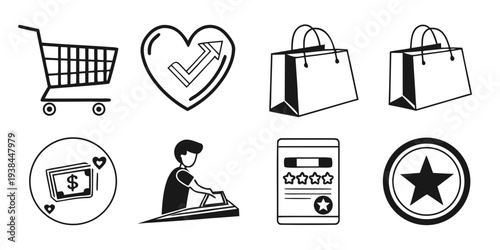 Assorted icons representing various aspects of online shopping and customer satisfaction Vector