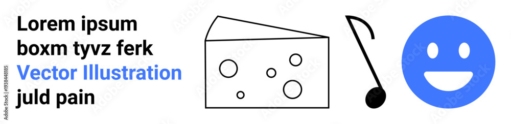 Fototapeta premium Food, music, emotions, minimalism, icons, art design. Cheese wedge, musical note and a smiling face icon. Food and music concept emphasizing emotions and minimalism